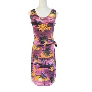 Vintage Tropical Sleeveless Wrap Dress Size M Palm Tree Hawaiian Slinky Vacation